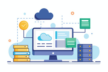 Sticker - A computer screen displaying data with a cloud hovering above it, online database cloud disk and information on the monitor screen, Simple and minimalist flat Vector Illustration