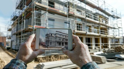 Aufkleber - Person Holding Tablet in Front of Building Under Construction
