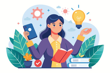 Sticker - Woman Holding a Book and Smartphone, online education with woman holding smartphone book and light bulb, Simple and minimalist flat Vector Illustration