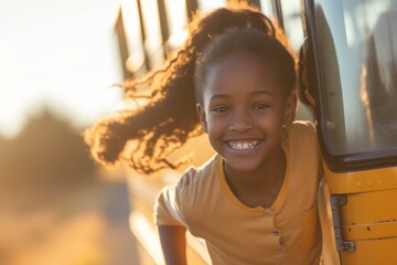 A young girl smiles as she stands on the side of a school bus. Generative AI.