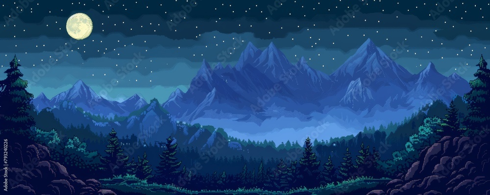 Serene pixel art scene of mountains under a starry night sky with a ...