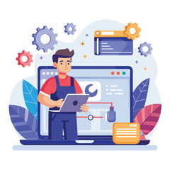 Poster - A man fixing his laptop using a wrench in an online repair service setting, online repair service on the website, Simple and minimalist flat Vector Illustration