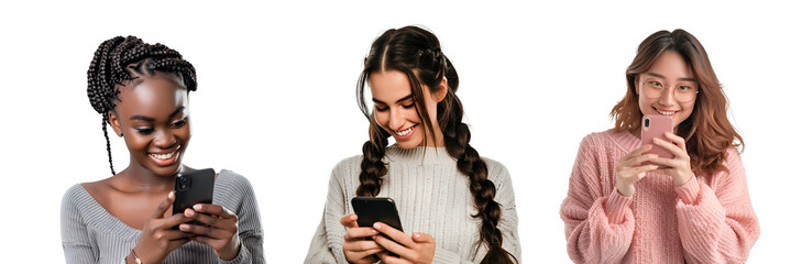 Cluster of delightful women from different ethnic backgrounds with mobile devices, Isolated on Transparent Background, PNG