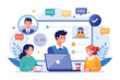 Group of People Discussing Project on Laptop, online service management and clients providing positive feedback customer support, Simple and minimalist flat Vector Illustration