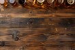 A wooden table with various types of beer glasses placed on it, top view The background is dark brown wood grain texture Generative AI