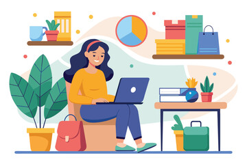 Canvas Print - A woman is sitting on a chair using a laptop, Online shopping a woman does online shopping from home, Simple and minimalist flat Vector Illustration