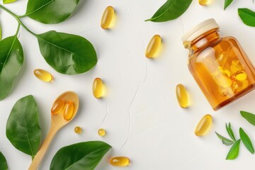 Vitamin pills and wooden spoon on white background, suitable for health and wellness concepts