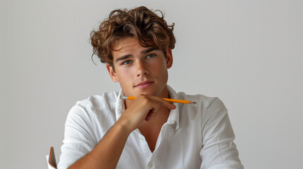 Canvas Print - handsome young man with brown hair holding a pencil and notebook, with his hand resting on his chin while looking to the side. with a clean white background, Ai generated Images