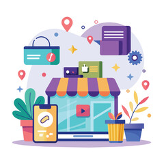 Poster - A storefront displaying a shopping bag and a phone next to it, suggesting online shopping promotion, Online shop promotion system concept, Simple and minimalist flat Vector Illustration