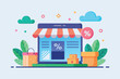 A storefront displaying a prominent percentage sign for a promotion or discount, Online store promotion, discount, Simple and minimalist flat Vector Illustration