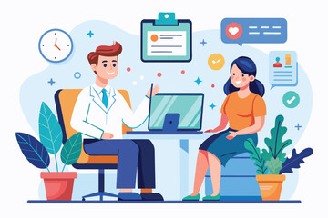 Sticker - A man and woman are seated at a table, actively using a laptop, online treatment consultation, Simple and minimalist flat Vector Illustration