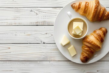 Wall Mural - Delicious croissants with butter on a white plate, perfect for breakfast concept