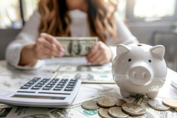 Wall Mural - A woman sitting at a table with a piggy bank and a calculator. Suitable for financial planning concepts