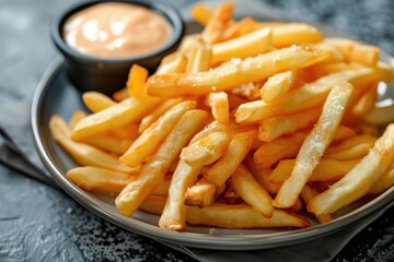 Delicious plate of crispy french fries with a side of savory dipping sauce. Perfect for food and snack concepts