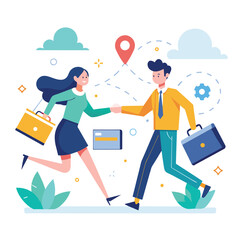 Poster - A man and a woman are engaging in a handshake gesture, symbolizing a partnership or agreement, Partnership runs online business, Simple and minimalist flat Vector Illustration