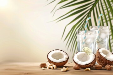 Poster - Fresh coconuts and nuts with a glass of water on a wooden table. Perfect for healthy lifestyle concepts