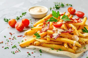 Poster - Delicious plate of French fries served with a bowl of sauce. Perfect for food and restaurant concepts