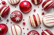 Festive red and white macarons with Christmas decorations. Perfect for holiday designs