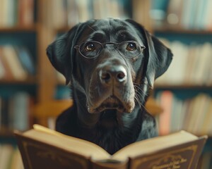 Wall Mural - A black dog wearing glasses and reading a book in a library. Generative AI.