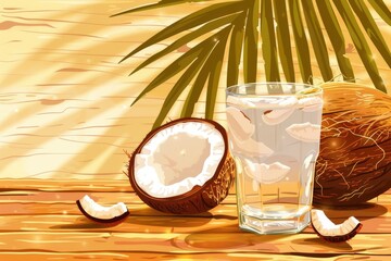 Canvas Print - Fresh coconut water in a glass next to a half coconut. Great for tropical drink concepts