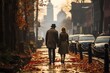 Couple walking together on an autumn city street