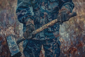 Wall Mural - A man in camouflage holding an ax. Suitable for outdoor and survival themes