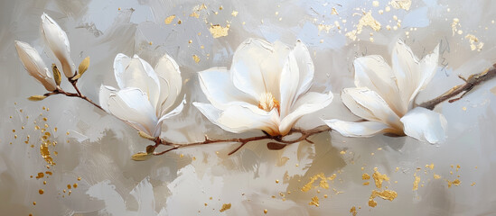 Wall Mural - Blooming Magnolia Tree Branch Brush Strokes Acrylic Painting Canvas Texture Banner