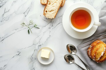 Wall Mural - A cup of tea and some pastries on a table. Suitable for food and beverage concepts