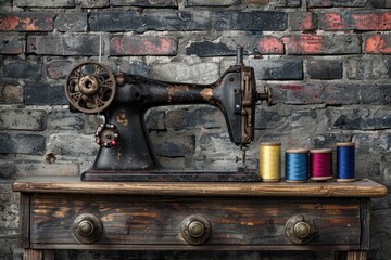 Wall Mural - Sewing machine placed on a wooden table, perfect for crafting or DIY projects