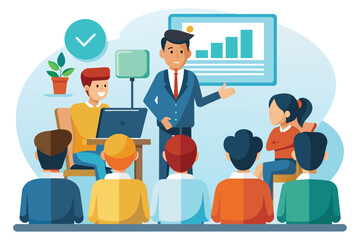 Poster - A man is presenting to a group of people in a business training setting, People on business training trending, Simple and minimalist flat Vector Illustration