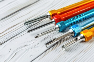 Sticker - A bunch of screws sitting on top of a wooden table. Ideal for construction and DIY projects