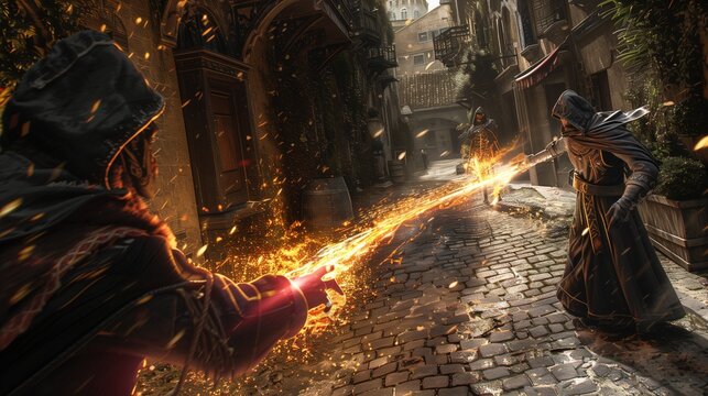 The Sorcerer's Duel: Arcane Fire in the Forgotten Alley In the heart of a forgotten city, two sorcerers face off in a narrow alley, their hands alight with arcane energy