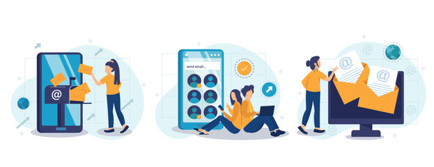 Wall Mural - Email service web concept with people scenes set in flat style. Bundle of online communication programs, sending and receiving messages, promo newsletter. Vector illustration with character design