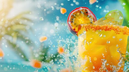 Canvas Print - A tropical passionfruit margarita cocktail with its vibrant colors splashing against a backdrop of sunny skies is the ultimate summer party drink