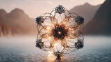 Fototapeta  - Abstract polygonal flower wireframe with mesh net dots lines and connections .  AI generated image, ai