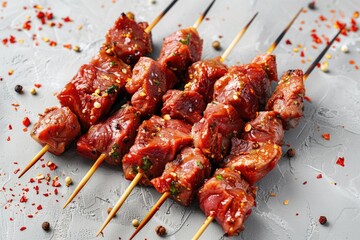 Canvas Print - Various meat skewers neatly arranged on a table. Perfect for food-related projects