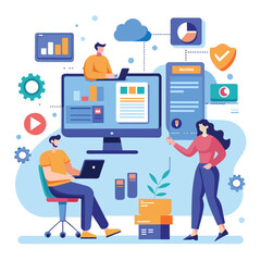 Canvas Print - A man and a woman are focused on synchronizing data on a computer in an office setting, People synchronize data on computers with documents trending, Simple and minimalist flat Vector Illustration