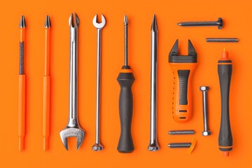 Sticker - Various tools displayed on a vibrant orange backdrop. Ideal for industrial, construction, or DIY projects