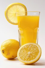 Sticker - A glass of orange juice next to two lemons. Perfect for food and beverage concepts