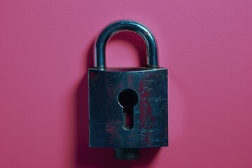 Wall Mural - A padlock hanging on a pink wall, with a keyhole. Suitable for security concepts