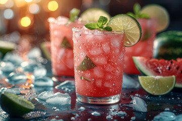 Canvas Print - A refreshing agua fresca made with ripe watermelon, blended with ice and a splash of lime juice for a hydrating and fruity delight. Concept of Mexican refreshment. Generative Ai.