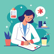 A female professional in a lab coat writing notes on a clipboard, people write drug prescriptions from doctors, Simple and minimalist flat Vector Illustration