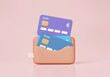 Credit card money in wallet on pink background. cashback concept. Budget fund finance saving online payment investment. refund transaction. 3d render illustration