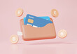 Wallet credit card money currency exchange rate transaction pound, yen, euro, dollar on pink background. Budget income fund finance saving online payment investment. 3d render illustration