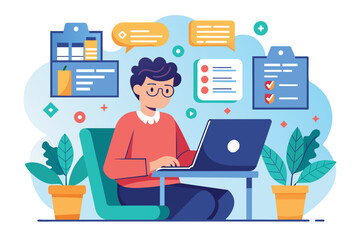 Sticker - A man sitting in front of a laptop, focused on his work, Perform data entry trending, Simple and minimalist flat Vector Illustration