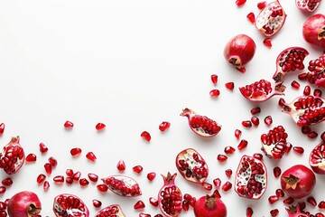 Wall Mural - Ripe pomegranates arranged on a clean white surface, ideal for food and health concepts