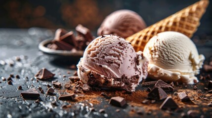 Canvas Print - Delicious chocolate ice cream scoops in a crispy waffle cone. Perfect for summer treats or dessert menus