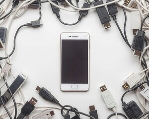 Aufkleber - A Smartphone Lies at the Center of Disconnected Cables, Symbolizing the Paradox of Connected Technology, Generative AI