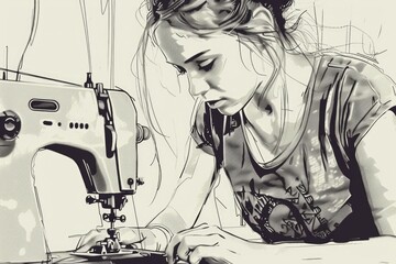 Wall Mural - A woman using a sewing machine, ideal for fashion design projects