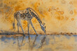 A tall giraffe bending its neck to drink water from a peaceful pond in the savanna